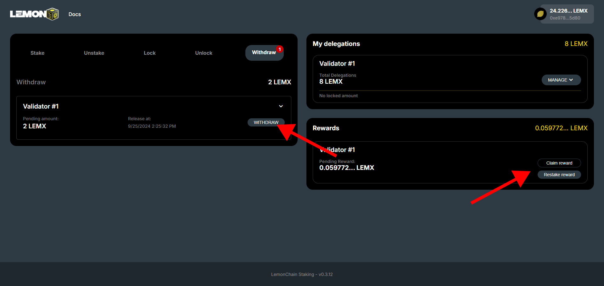 "Withdrawing Rewards Step 1"